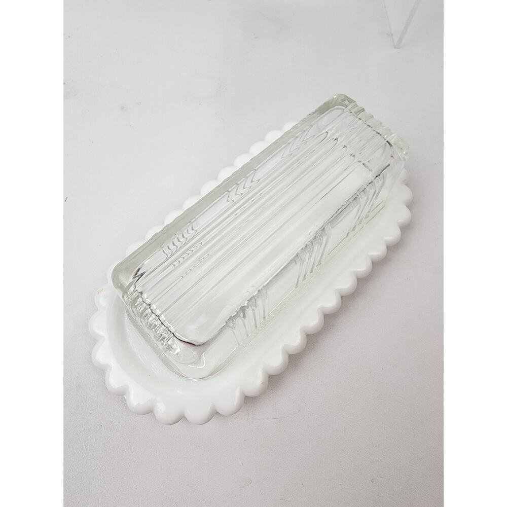 Unbranded Scalloped Milk Glass Butter Dish With Ribbed Clear Glass Lid - Read